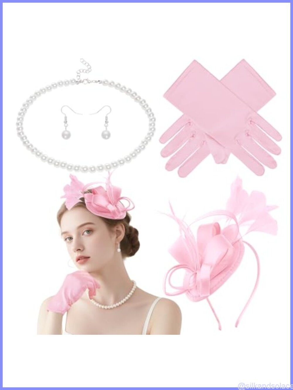 Fascinator Hat & Gloves Set with Faux Pearl Necklace & Earrings for Tea Party